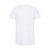 Klassisk hvid t-shirt med rund hals og korte ærmer den har et grønt og beige blomster print set bagfra