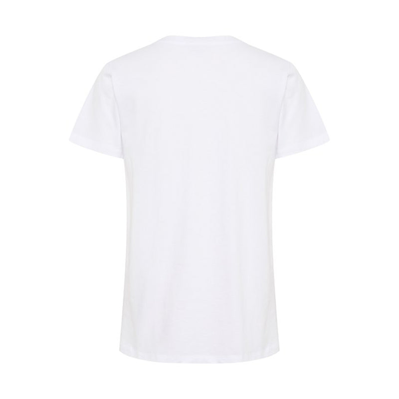 Klassisk hvid t-shirt med rund hals og korte ærmer den har et grønt og beige blomster print set bagfra