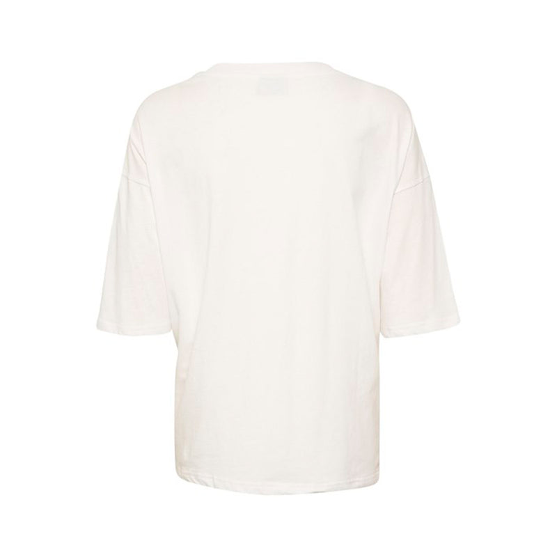 Klassisk hvid t-shirt med sort tekst den har rund hals og alm t-shirt ærmer set bagfra