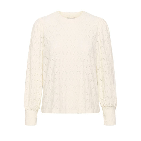 TINE LACE BLOUSE CHALK  Flot tætsiddende blondebluse fra Kaffe i en råhvid farve, Blonderne er i det fineste blomster mønster, der giver den et smukt og eksklusivt look. Den har rund hals og lange ærmer med et lille puf på skulderen.&nbsp;   Rund hals, lange ærmer med et lille puf, blonde og let gennemsigtig Mønster blomsterprint Farven er råhvid Tætsiddende pasform