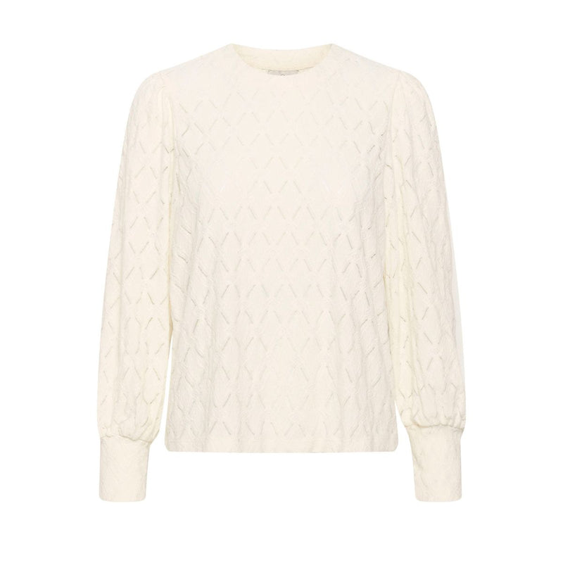 TINE LACE BLOUSE CHALK  Flot tætsiddende blondebluse fra Kaffe i en råhvid farve, Blonderne er i det fineste blomster mønster, der giver den et smukt og eksklusivt look. Den har rund hals og lange ærmer med et lille puf på skulderen.&nbsp;   Rund hals, lange ærmer med et lille puf, blonde og let gennemsigtig Mønster blomsterprint Farven er råhvid Tætsiddende pasform