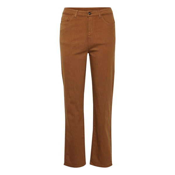 brune højtaljede bukser med knap lynlås og lommer samt syv ottende dels længde med vidde set forfra