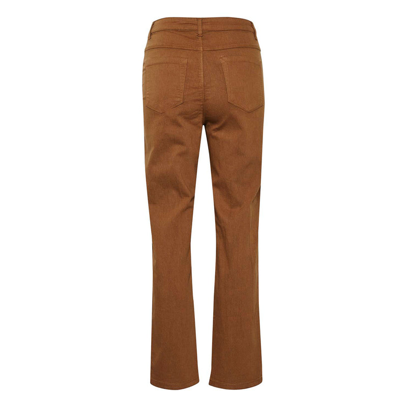 brune højtaljede bukser med knap lynlås og lommer samt syv ottende dels længde med vidde set bagfra