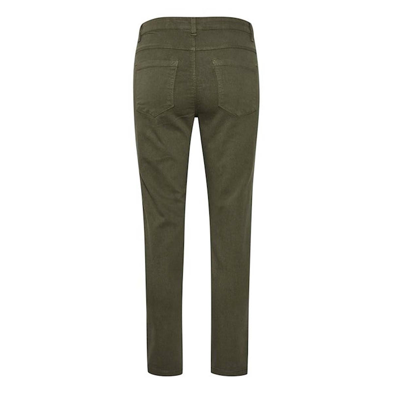 Mørkegrønne jeans md syv ottendels længde den har bæltestropper knap og lynlås set bagfra