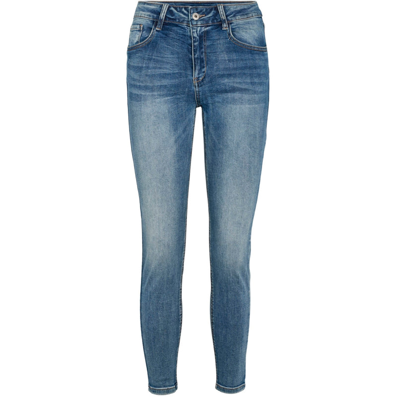 blå denim jeans fra prepair med knap lynlås og lommer i siden samt lynlås i buksebenet set forfra