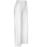 Klassiske hvide bukser med synlige syninger ned fortil elastik i livet og lige ben set fra siden