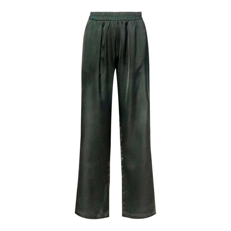 Flaske grønne shiny bukser med liberte de har elastik i taljen de har lommer i siden set forfra