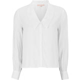 Hvid skjorte med dyb udskæring stor krave knapper og lange ærmer med fast manchet og knap set forfra