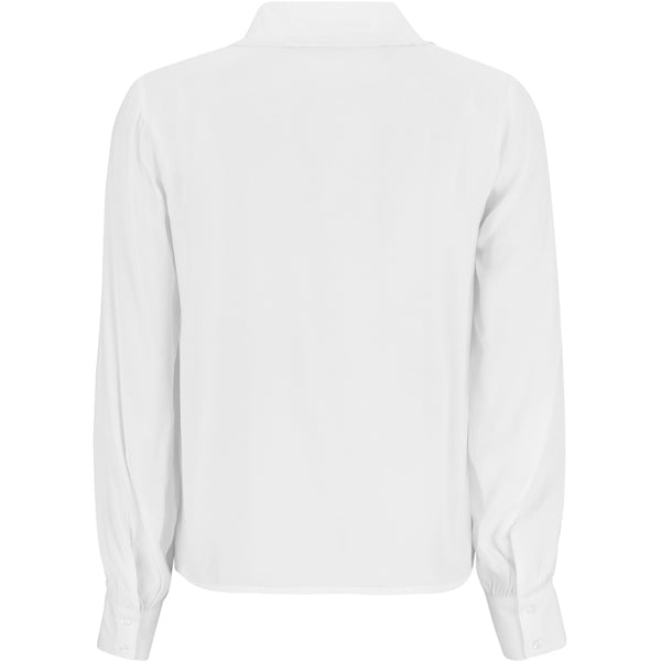 Hvid skjorte med dyb udskæring stor krave knapper og lange ærmer med fast manchet og knap set bagfra