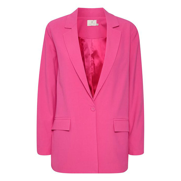 lang pink blazer med knap og lynlås set forfra