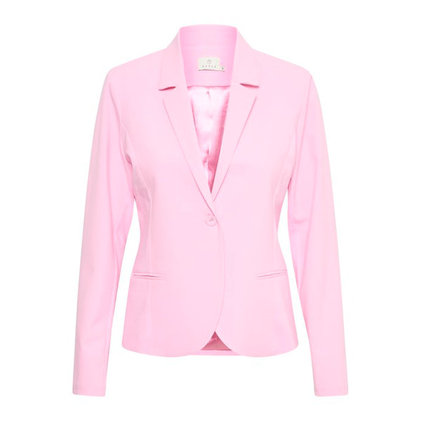 Jillian blazer i lys pink med dyb revers og lange ærmer og satin foer set forfra 