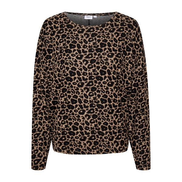 leopard bluse i sort og beige farver med rund hals og lange ærmer