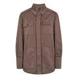 brun jakke med skjortekrave og lommer og brystlomme og med lange ærmer med en bred manchet i ærmet