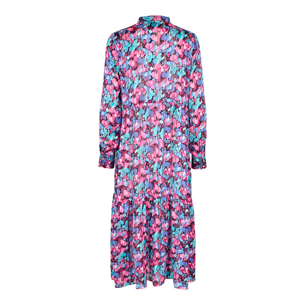 Meget smuk mønstret kjole med overskæringer og knapper ned fortil den har lange ærmer farverne er pink lilla og blå nuancer set bagfra