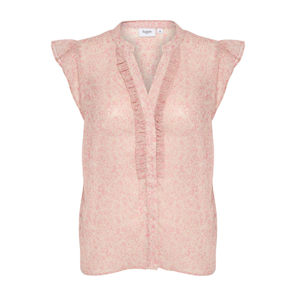 Rosa skjorte bluse med stolpe med flæser på begge sider v udskæring og flæse ved ærmerne farverne er rosa nuancer med guld detaljer set forfra