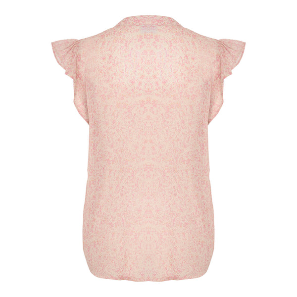 Rosa skjorte bluse med stolpe med flæser på begge sider v udskæring og flæse ved ærmerne farverne er rosa nuancer med guld detaljer set bagfra