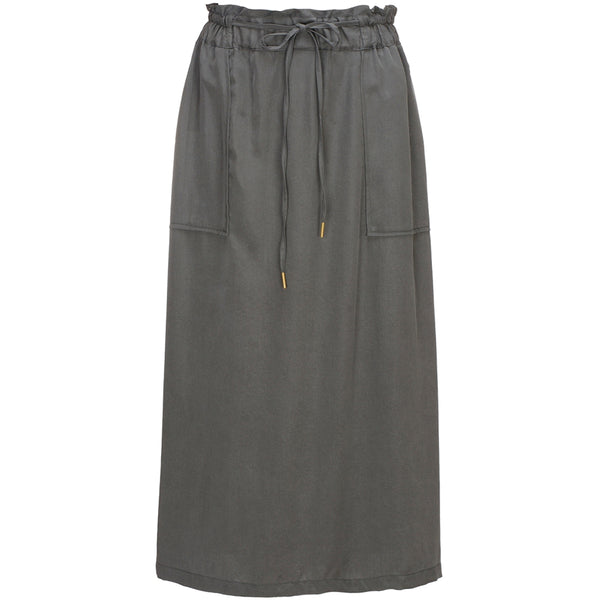 Mørkegrå nederdel med lommer og snørre set forfra