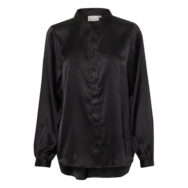 Skøn sort skjorte i en silke satin ligende kvalitet den er gennemknappet har almindelig skjortekrave og lange ærmer med fast manchet set forfra