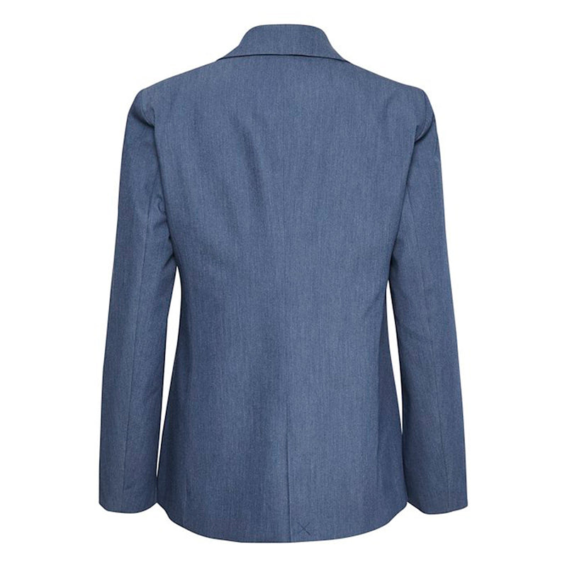 Blå meleret blazer med naturknap og paspellommer set bagfra