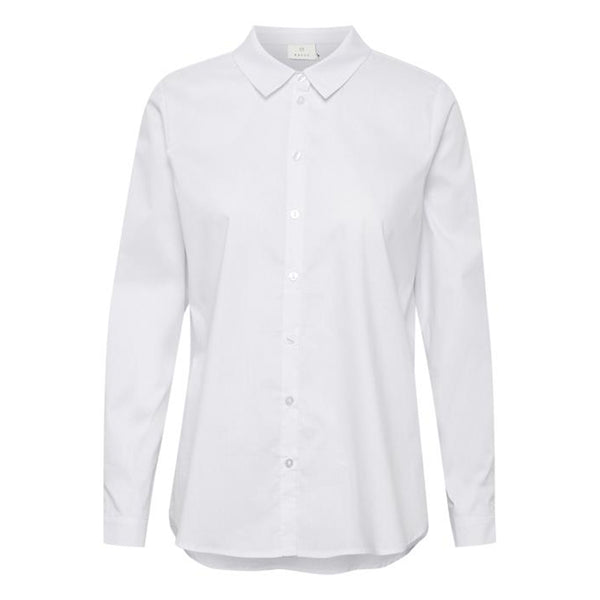 Klassisk hvid gennemknappet skjorte fra Kaffe med klassisk skjortekrave lange ærmer med manchet og knap set forfra