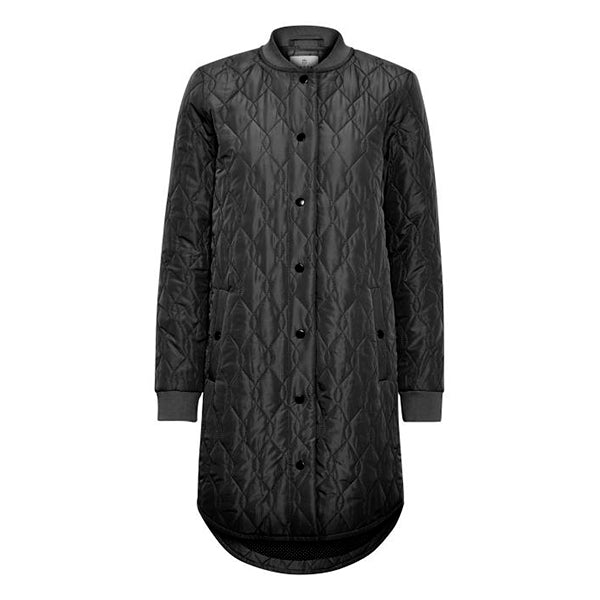 klassisk quilted jakke I sort med trykknapper og rib i halsen og ved ærmerne