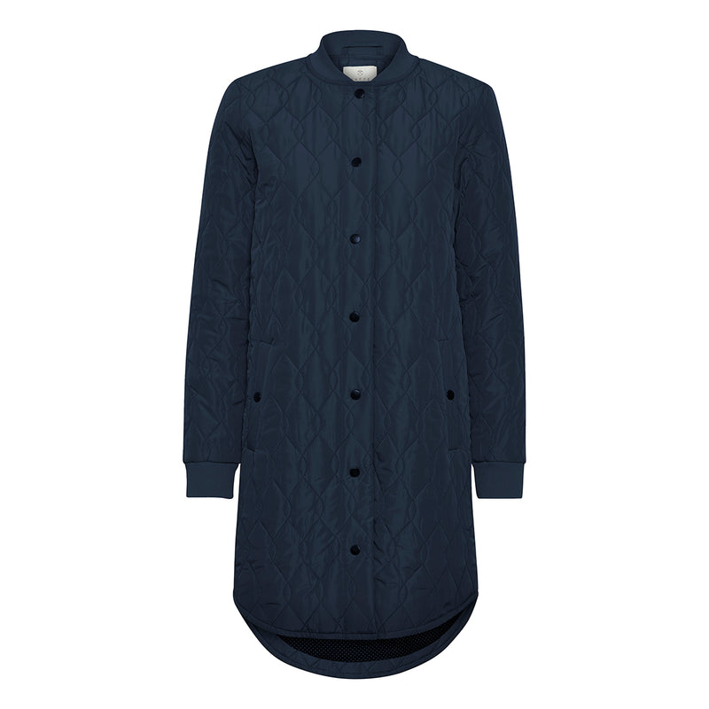lang marine blå quilted overgangsjakke med trykknapper 