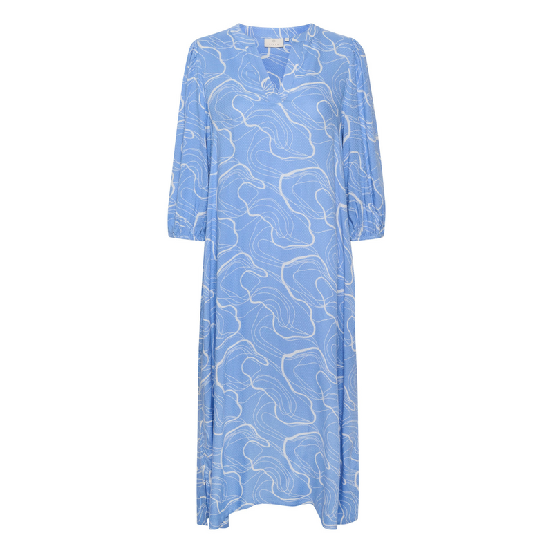 blå kjole med hvidt abstrakt mønster og 3/4 ærmer fra kaffe 